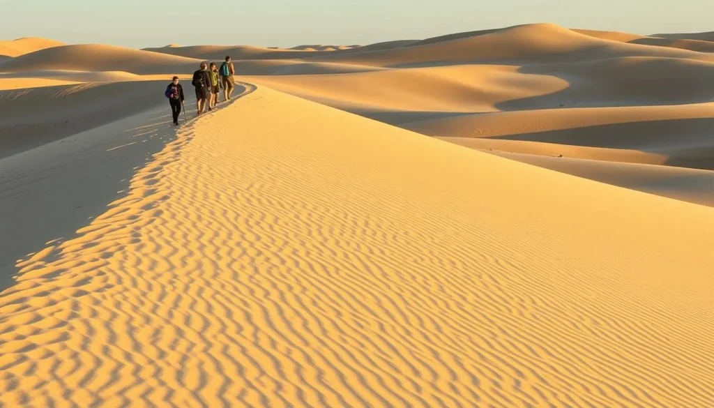 Hikers walking along the crest of a sand dune at Monahans Sandhills State Park Hikers walking along the crest of a sand dune at Monahans Sandhills State Park