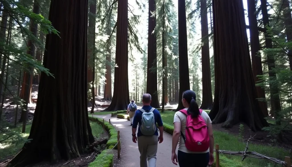 Hikers walking on a trail through Big Basin Redwoods State Park