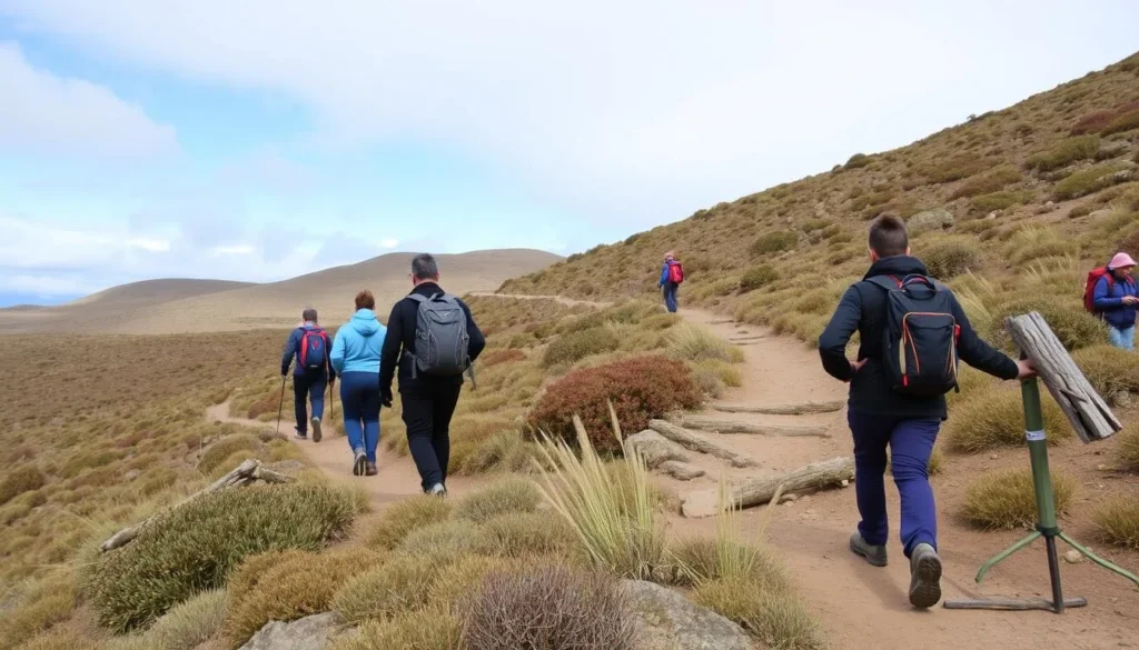 Hikers walking on a trail through the páramo ecosystem in Chingaza National Park