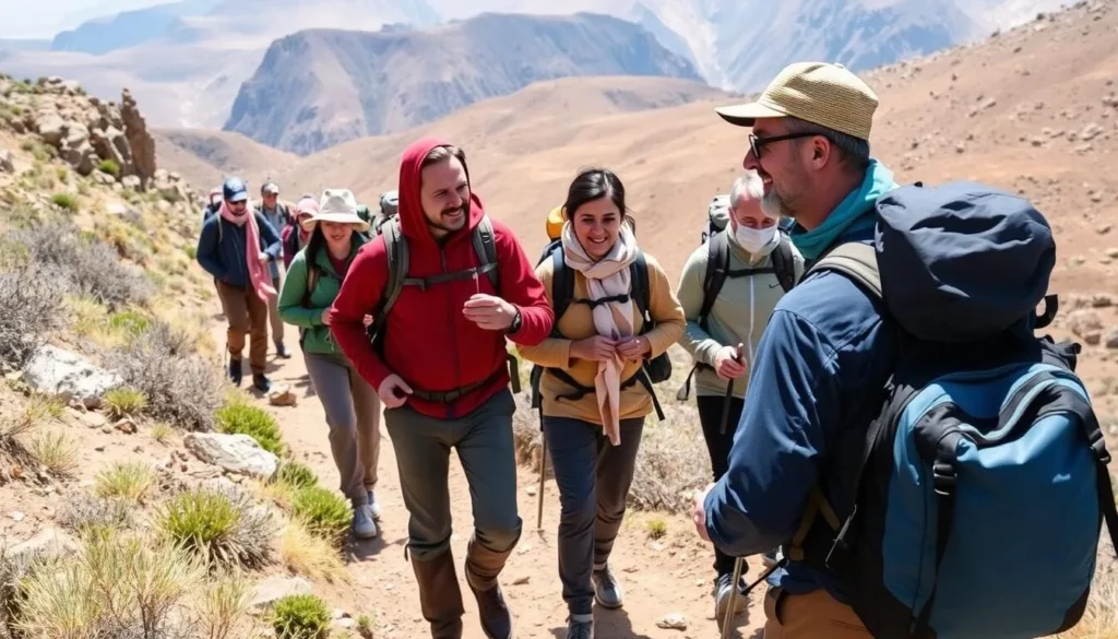 Hikers with a local Berber guide trekking through a mountain trail in Haut Atlas Oriental National Park