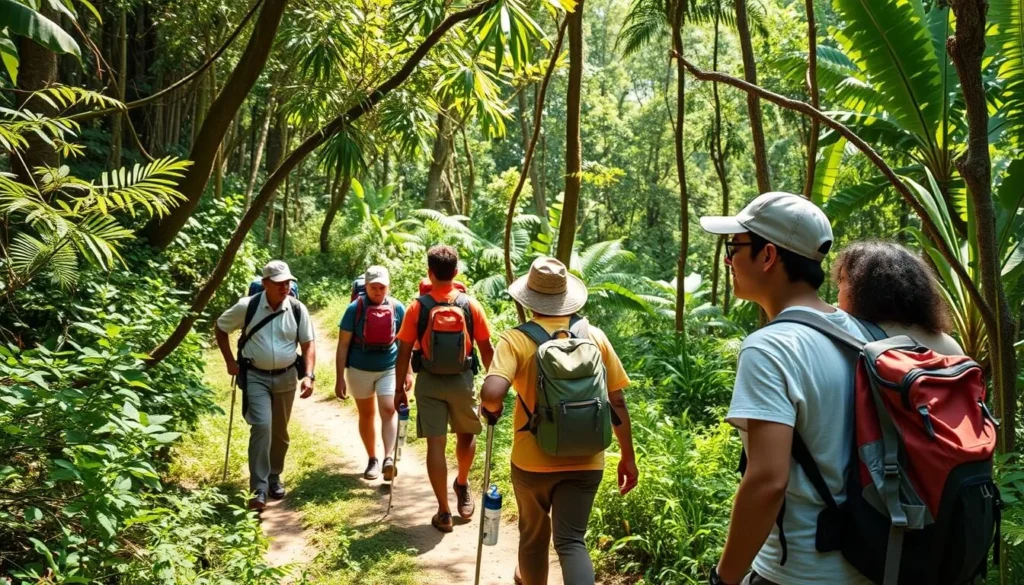 Hikers with a local guide on a forest trail in Mananara-Nord National Park