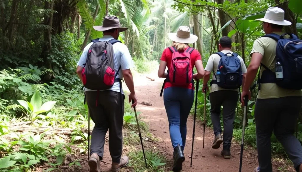 Hikers with proper equipment on a trail in Capiro Calentura National Park Hikers with proper equipment on a trail in Capiro Calentura National Park