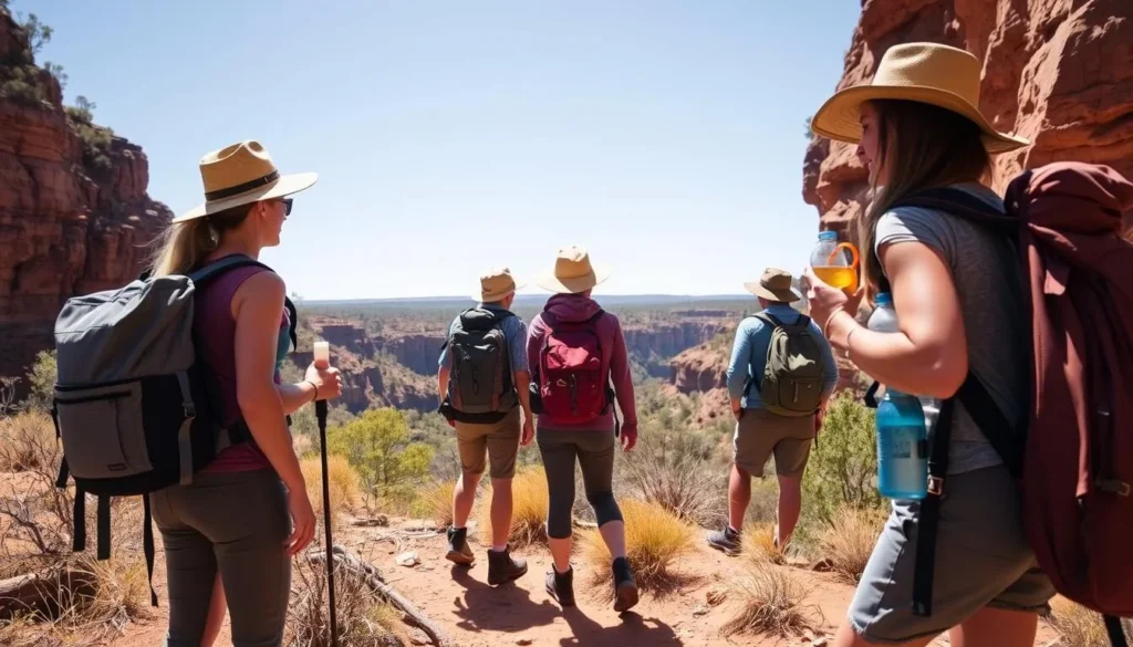 Hikers with proper gear and water bottles exploring Carnarvon Gorge trails