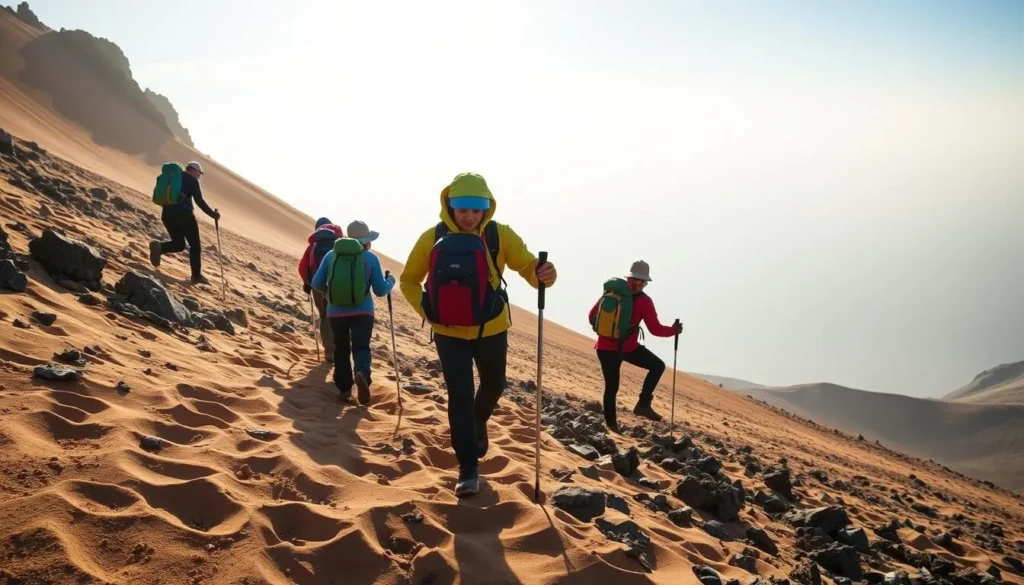 Hikers with proper safety equipment climbing the steep sandy slope to Mount Semeru summit