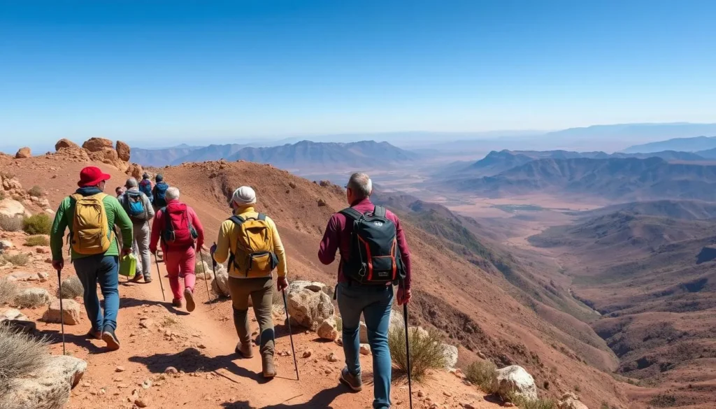 Hiking in the Anti-Atlas Mountains near Tiznit showing rugged terrain and panoramic views