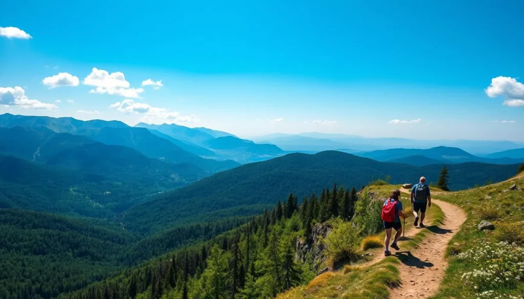 Hiking in the Carpathian Mountains with panoramic views of forested peaks - Outdoor activities in Ukraine