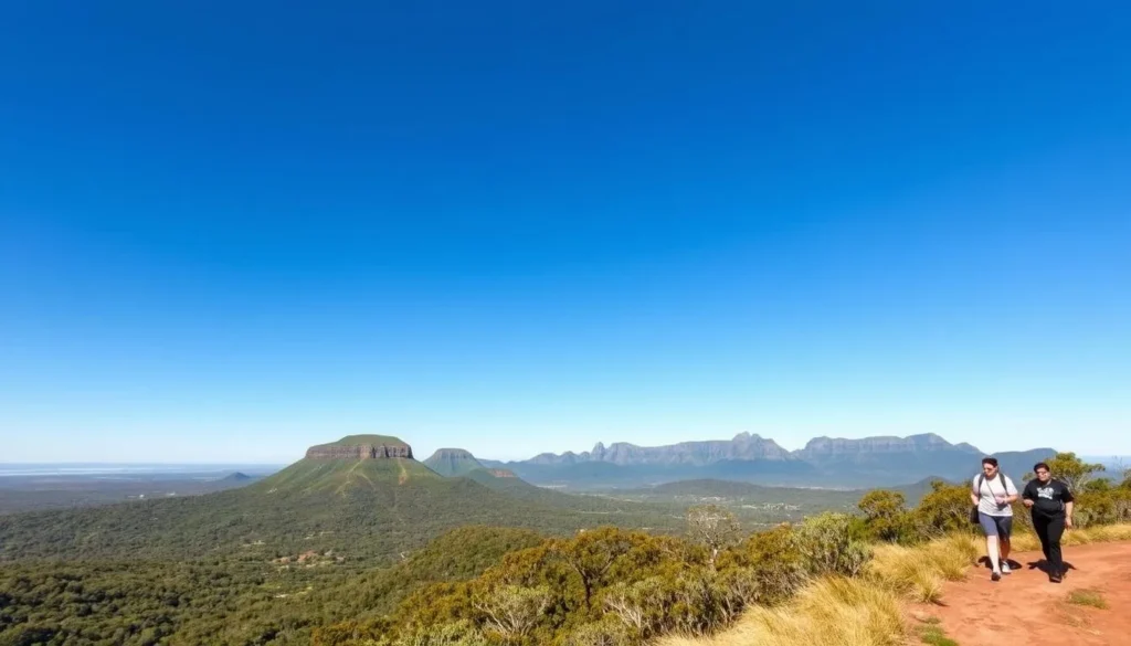 Hiking in the scenic Glasshouse Mountains near Brisbane during ideal weather conditions, perfect during Brisbane Queensland best months for a weather-savvy trip