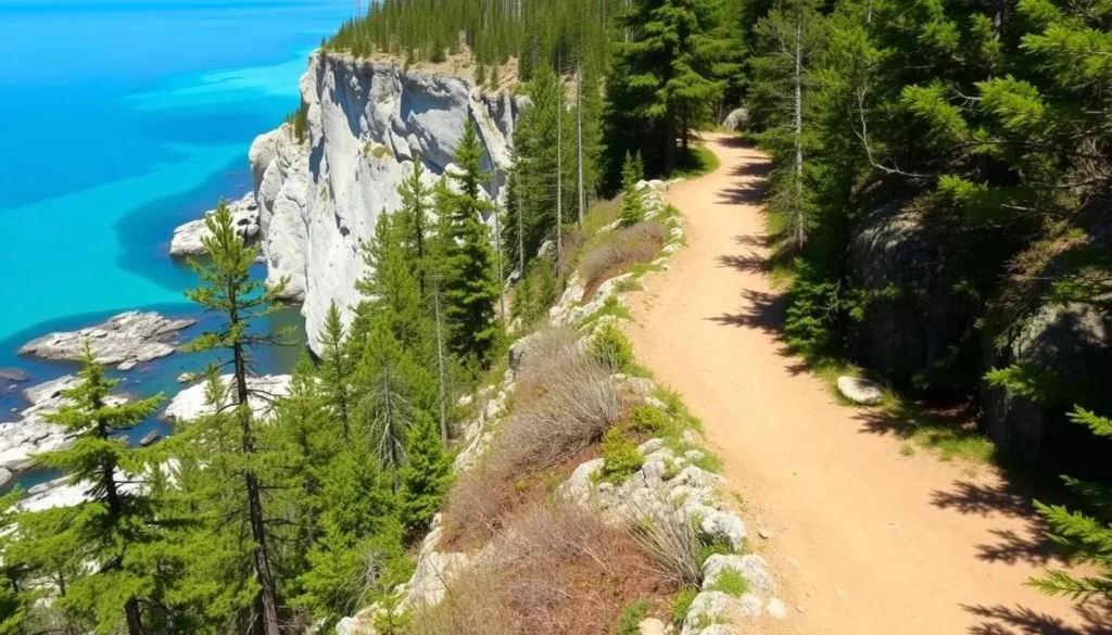 Hiking trail along the Bruce Peninsula with views of Georgian Bay's turquoise waters