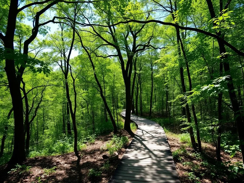 Hiking trail at Bob Jones Nature Center with lush greenery and wooden pathway Hiking trail at Bob Jones Nature Center with lush greenery and wooden pathway