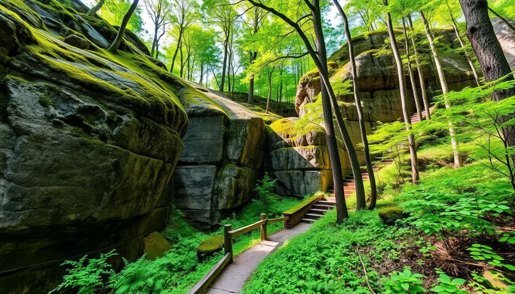 Hiking trail at Panama Rocks Scenic Park near Jamestown New York showing massive rock formations