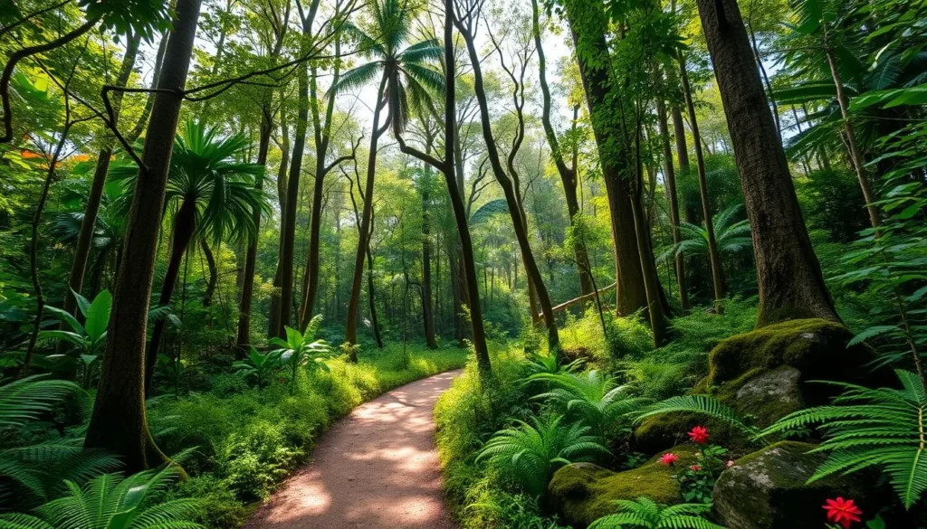 Hiking trail in Cockscomb Basin Wildlife Sanctuary with tropical forest