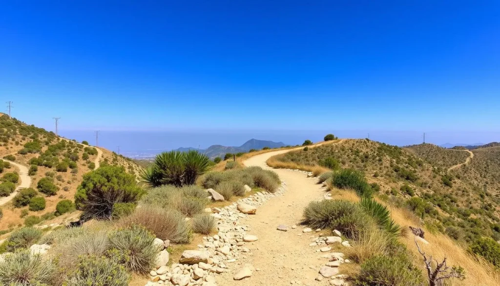 Hiking trail in Djebel Zaghouan National Park with diverse vegetation and mountain views Hiking trail in Djebel Zaghouan National Park with diverse vegetation and mountain views