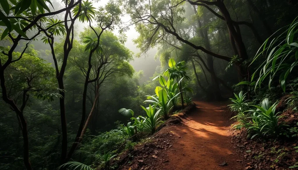 Hiking trail in Grand Etang National Park, Grenada with lush rainforest vegetation Hiking trail in Grand Etang National Park, Grenada with lush rainforest vegetation