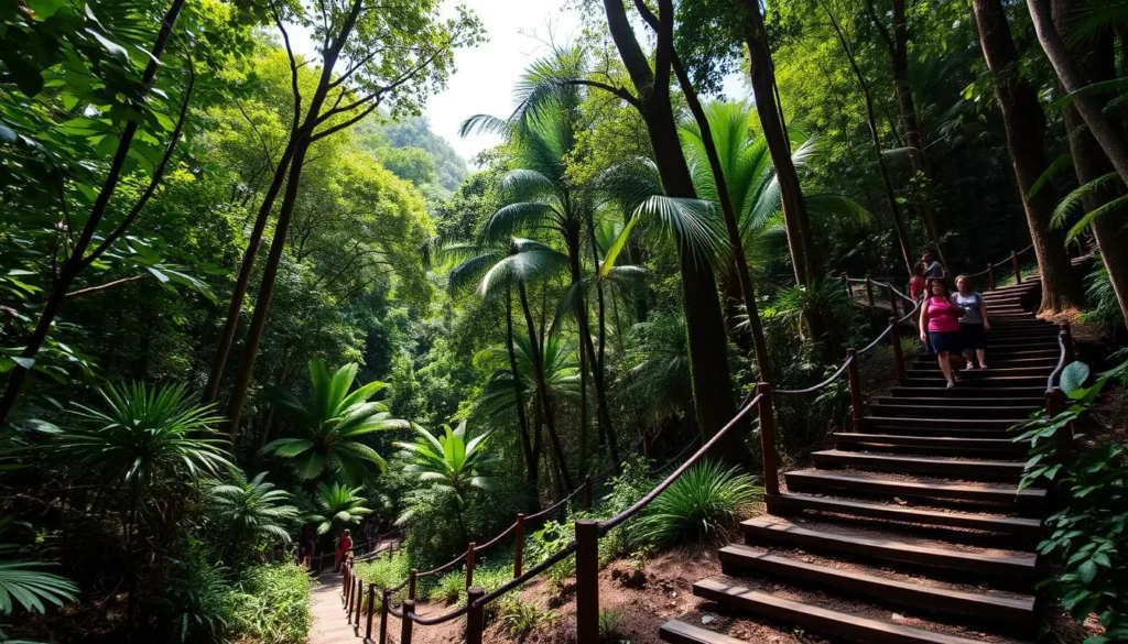 Hiking trail in Las Terrazas showing lush forest path with sunlight filtering through the canopy Hiking trail in Las Terrazas showing lush forest path with sunlight filtering through the canopy