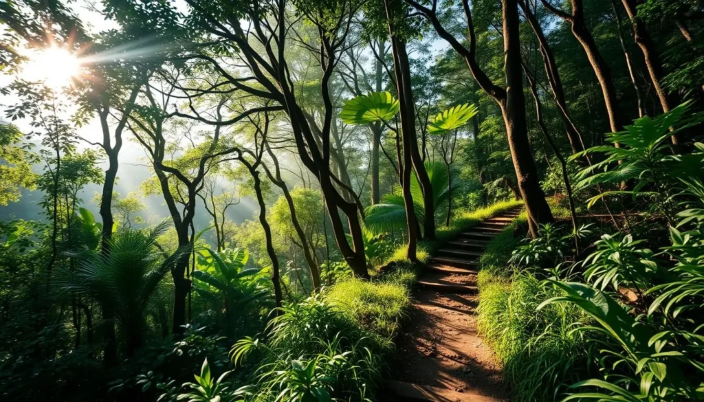 Hiking trail in Minca through lush jungle with sunlight filtering through trees