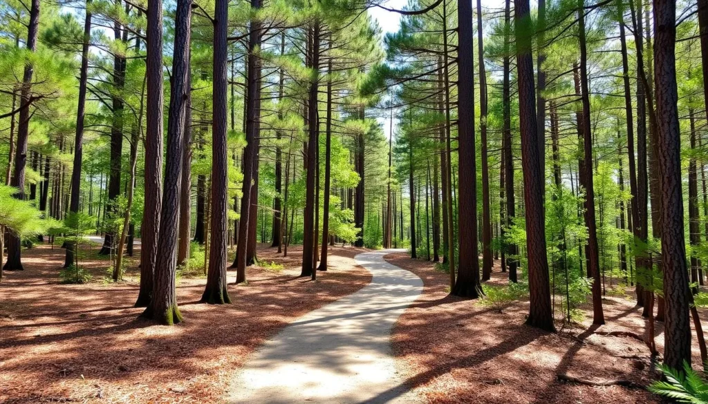 Hiking trail in Sam Houston National Forest with tall pine trees Hiking trail in Sam Houston National Forest with tall pine trees