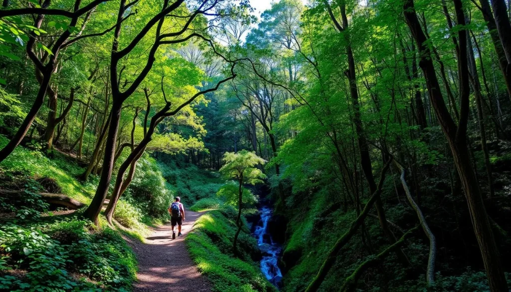 Hiking trail in Springbrook National Park, Gold Coast Queensland hinterland during the best time to visit in winter Hiking trail in Springbrook National Park, Gold Coast Queensland hinterland during the best time to visit in winter