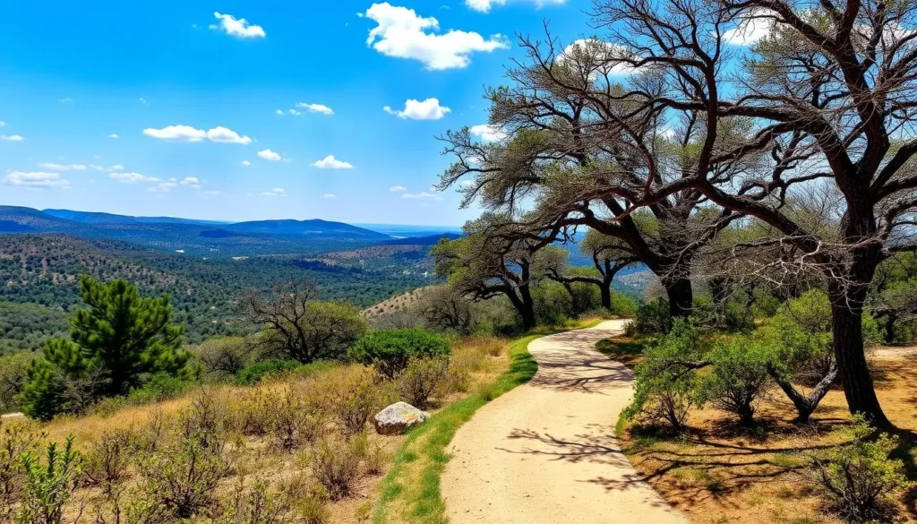 Hiking trail in Timberwood Park Texas showing scenic Hill Country landscape Hiking trail in Timberwood Park Texas showing scenic Hill Country landscape