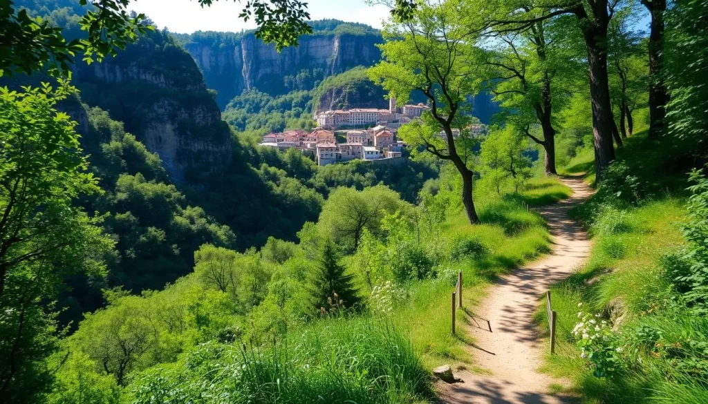 Hiking trail in the Alzou Valley below Rocamadour with lush vegetation