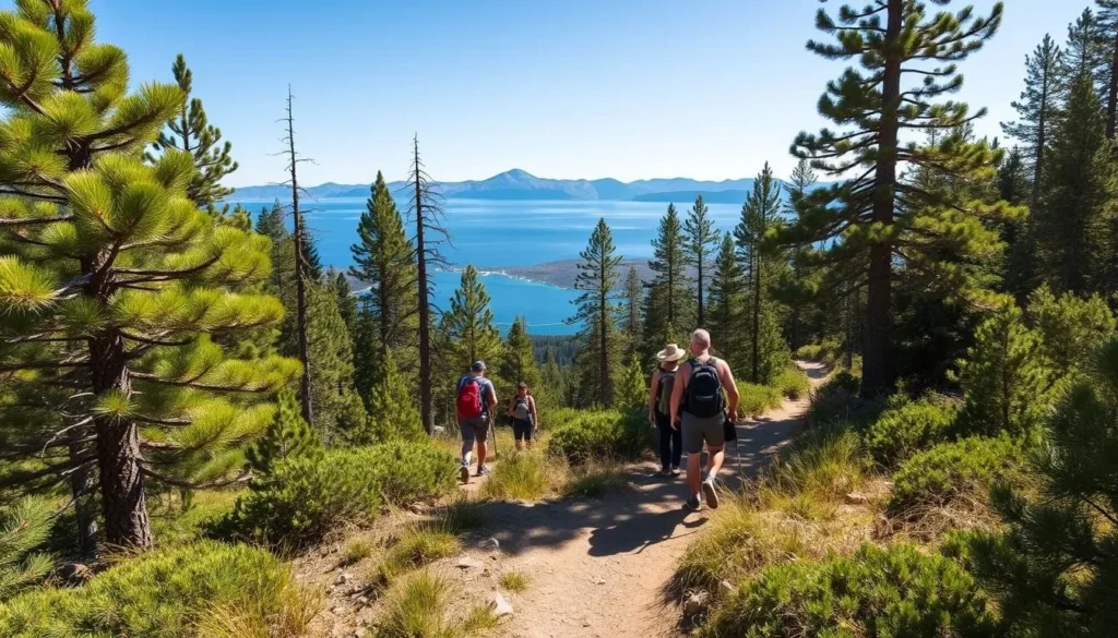 Hiking trail near Kings Beach with views of Lake Tahoe and surrounding mountains