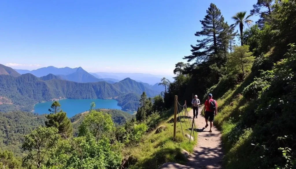 Hiking trail near Lake Telaga Warna with scenic mountain views