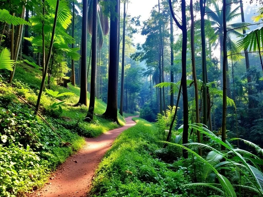 Hiking trail near Lake Towuti through lush tropical forest Hiking trail near Lake Towuti through lush tropical forest