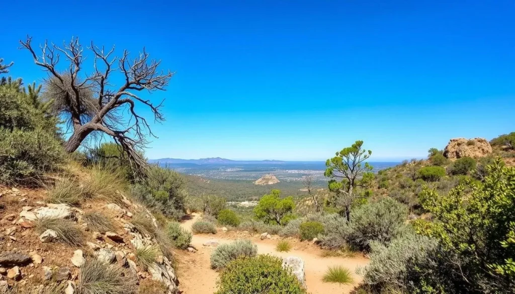 Hiking trail near Nimes with Mediterranean landscape and distant city view