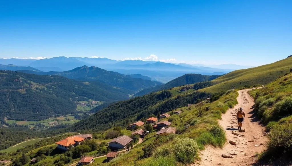 Hiking trail near Sucre showing mountain landscape with green valleys and traditional Bolivian villages