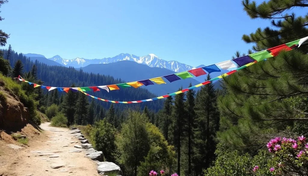 Hiking trail near Thimphu with prayer flags and mountain views