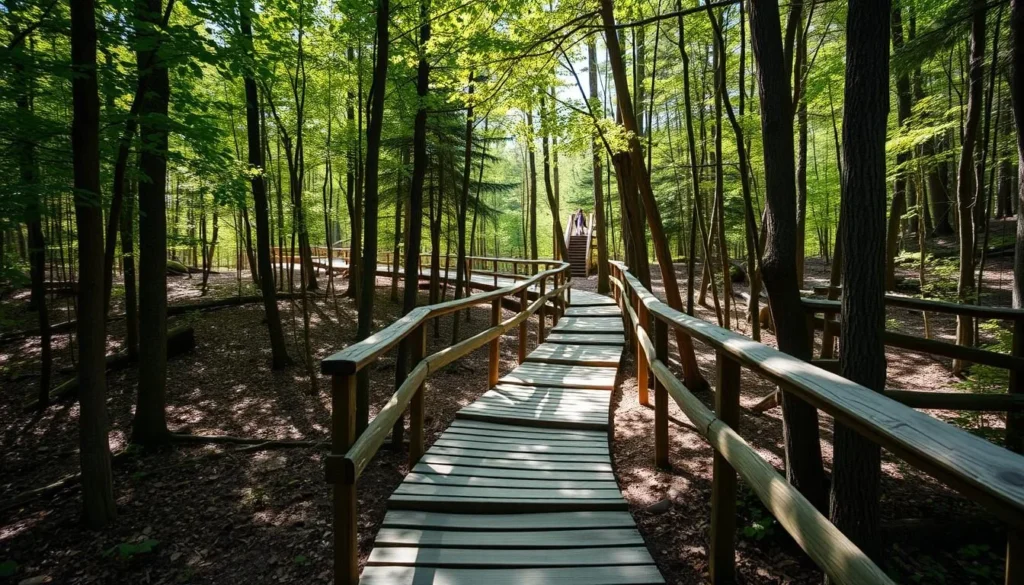 Hiking trail on Flowerpot Island with wooden boardwalks through forest