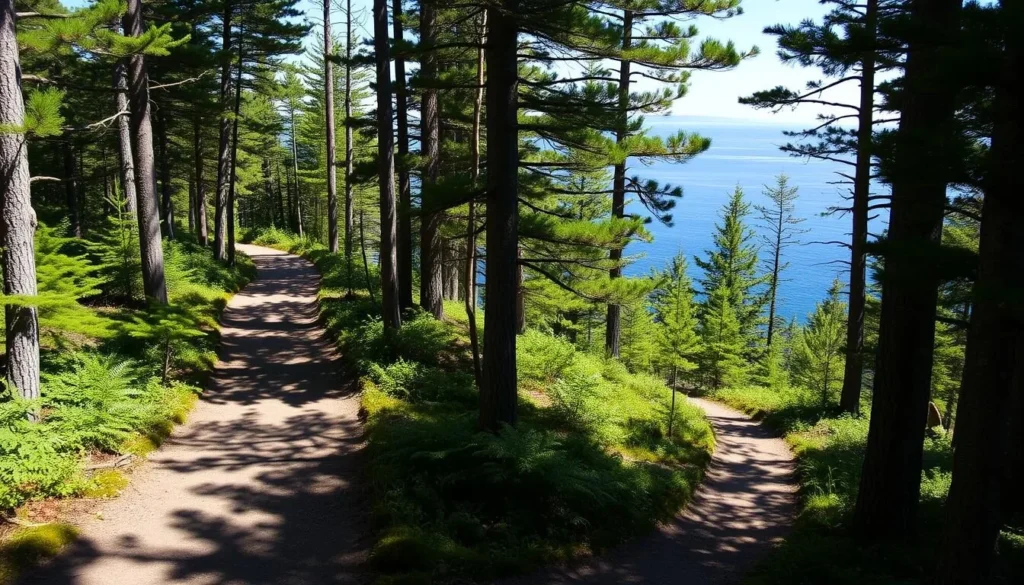 Hiking trail on Great Cranberry Island with ocean views and forest scenery Hiking trail on Great Cranberry Island with ocean views and forest scenery