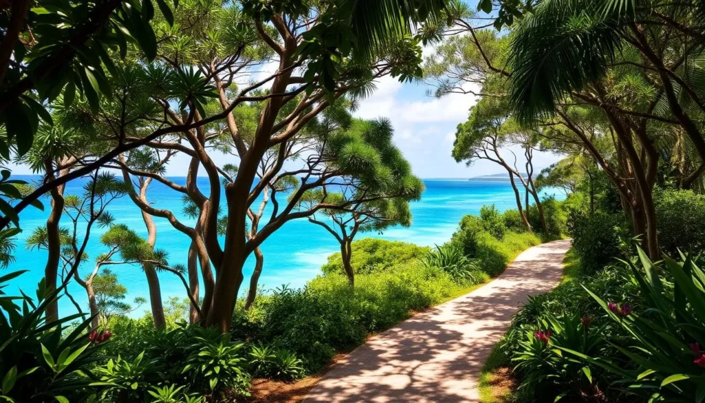 Hiking trail on Hayman Island Queensland with ocean views and tropical vegetation