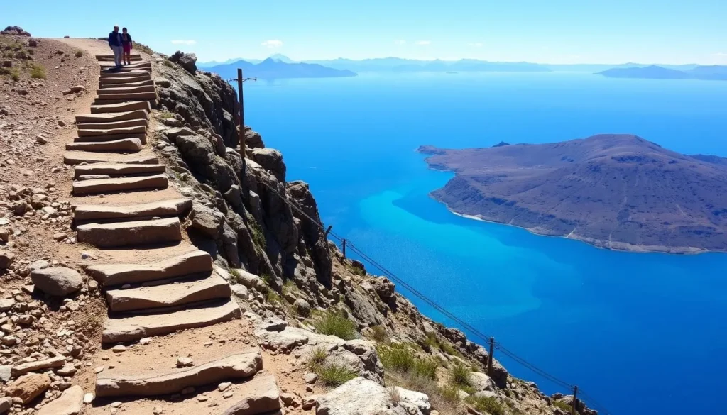 Hiking trail on Isla del Sol with Lake Titicaca views, Copacabana, Bolivia