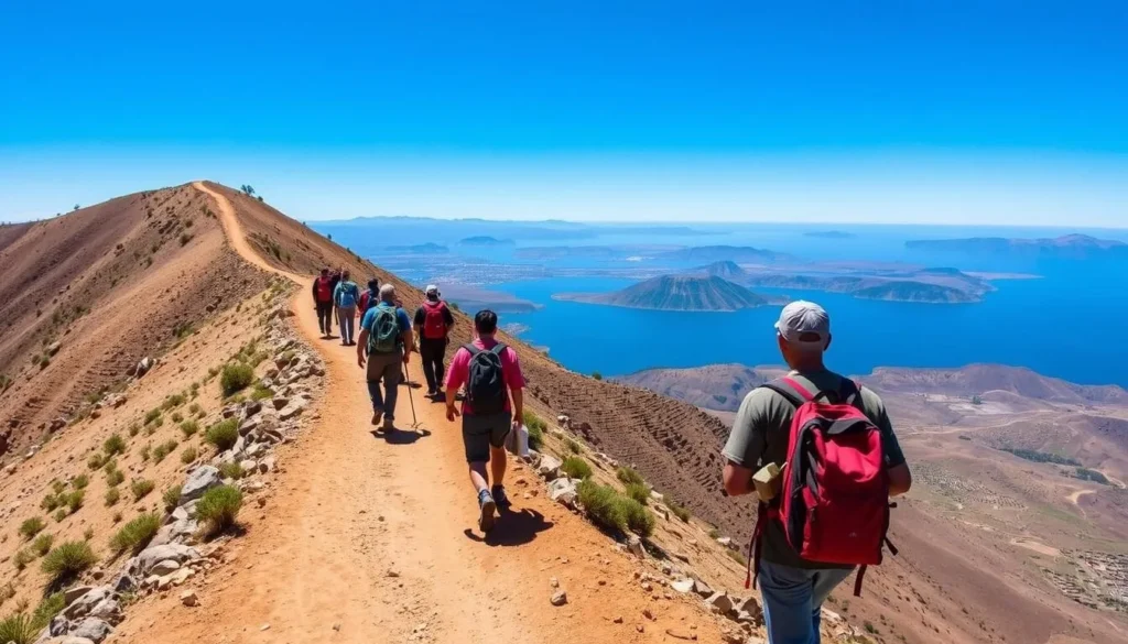 Hiking trail on Isla del Sol with people walking along the ridge with Lake Titicaca views