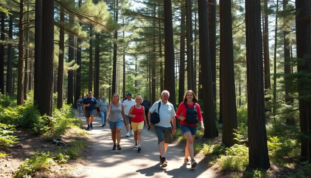 Hiking trail on Monhegan Island with diverse tourists walking through Cathedral Woods with tall spruce trees Hiking trail on Monhegan Island with diverse tourists walking through Cathedral Woods with tall spruce trees