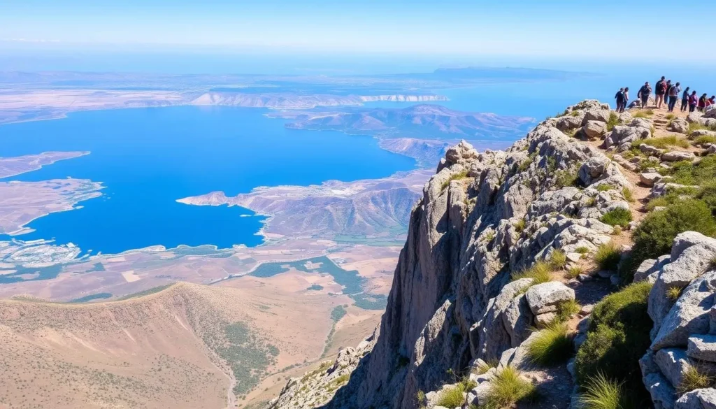 Hiking trail on Mount Arbel with dramatic cliffs and panoramic views of the Sea of Galilee Hiking trail on Mount Arbel with dramatic cliffs and panoramic views of the Sea of Galilee