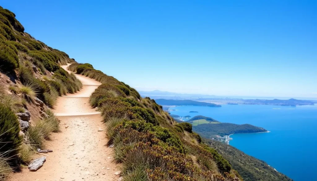 Hiking trail on Waiheke Island with coastal views of the Hauraki Gulf