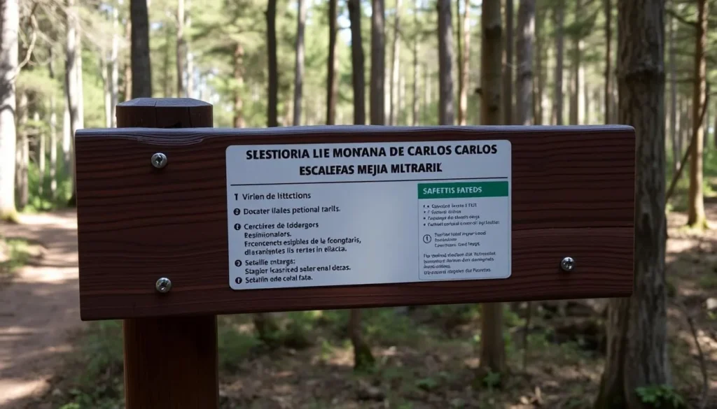 Hiking trail sign in Montana de Botaderos Carlos Escaleras Mejia National Park with safety information