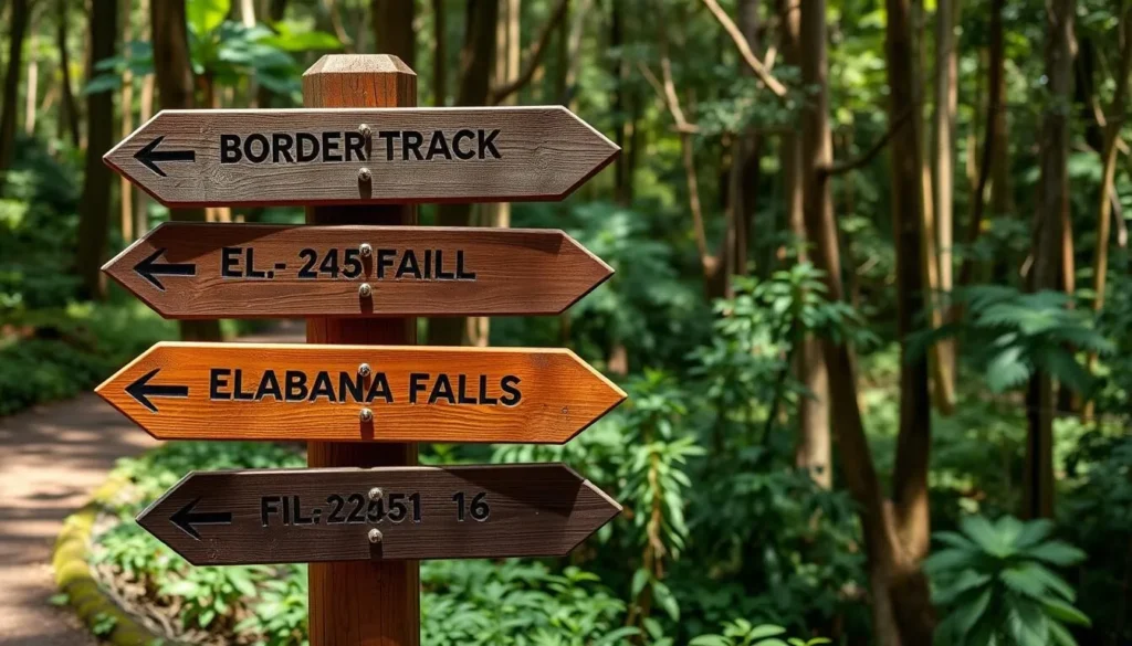 Hiking trail sign post in Lamington National Park showing multiple trail directions and distances