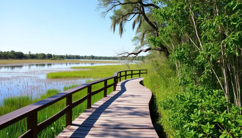 Hiking trail through Armand Bayou Nature Center showing lush vegetation and wildlife Hiking trail through Armand Bayou Nature Center showing lush vegetation and wildlife