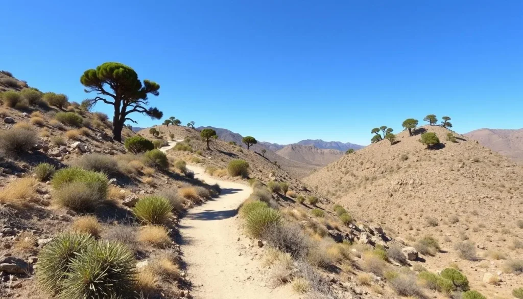 Hiking trail through Isla Cedros' unique desert landscape with endemic pine trees