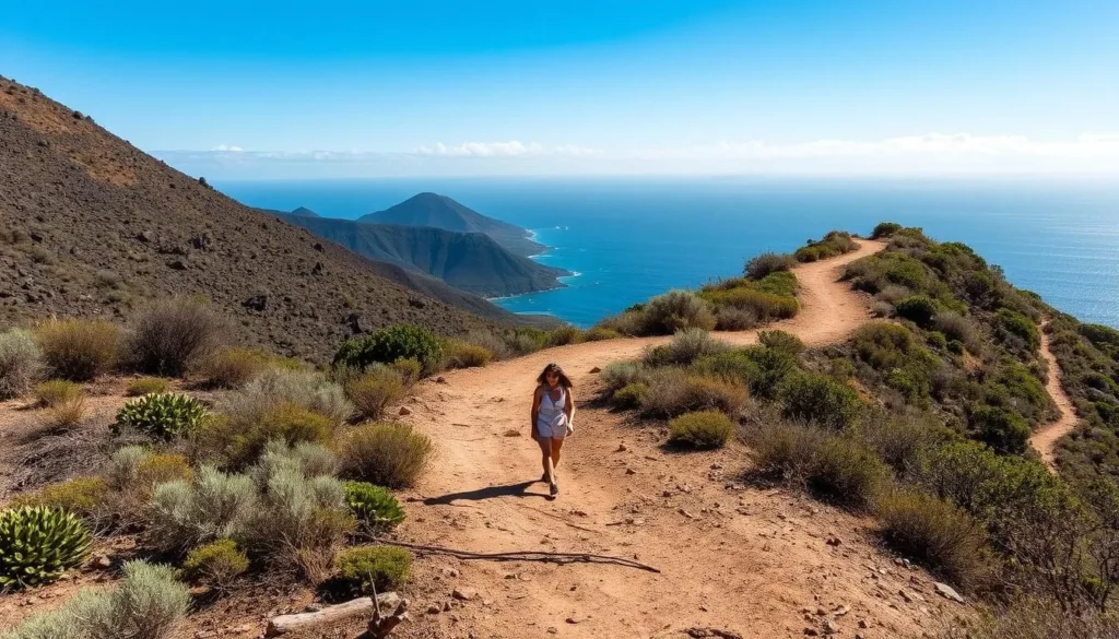 Hiking trail through Isla Isabel National Park with volcanic landscape