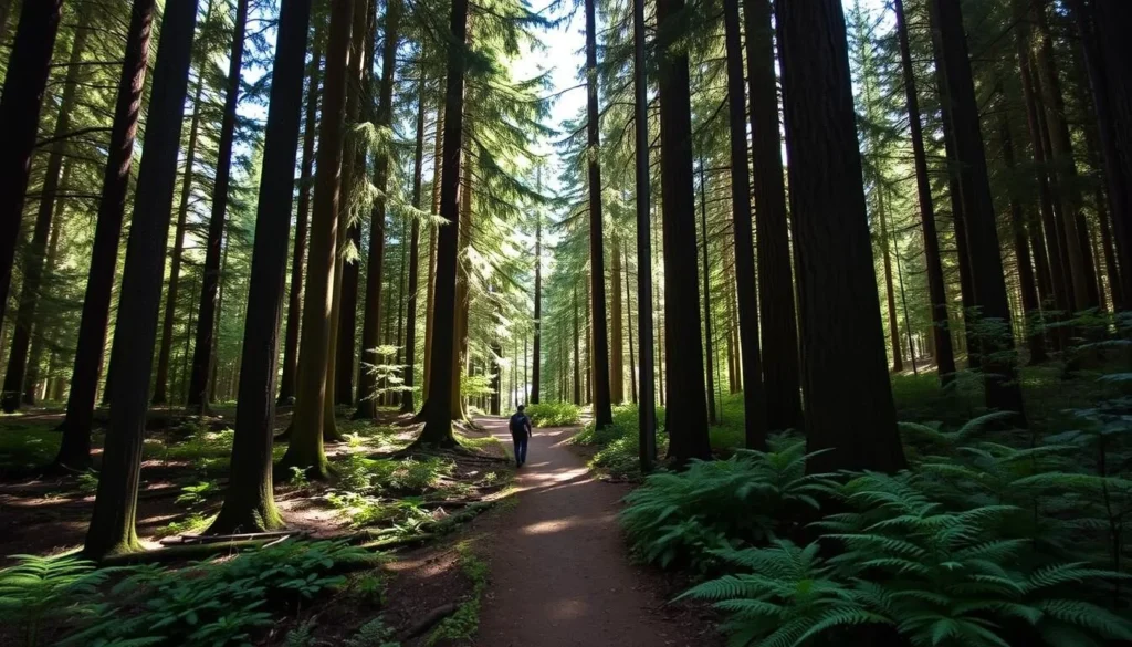 Hiking trail through Island Center Forest on Vashon Island with tall trees and dappled sunlight Hiking trail through Island Center Forest on Vashon Island with tall trees and dappled sunlight