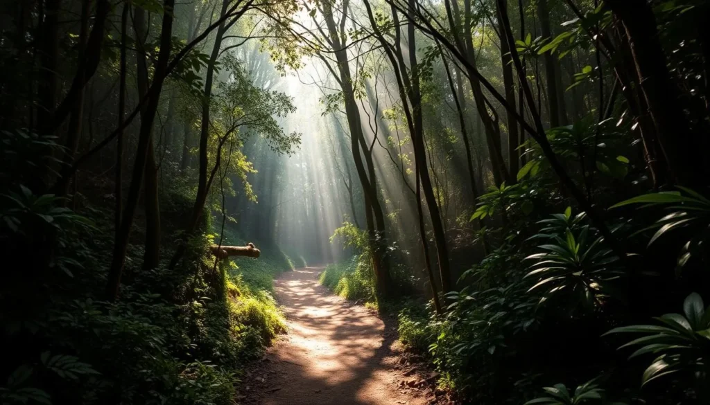 Hiking trail through Mount Palung National Park with sunlight filtering through the dense canopy