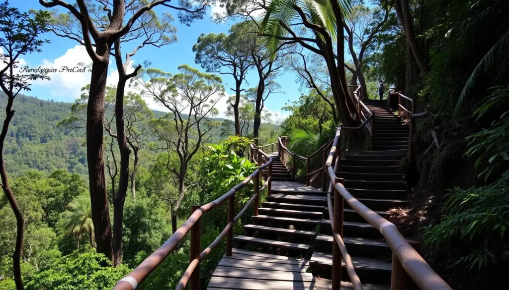 Hiking trail through Ranomafana National Park with wooden steps and handrails