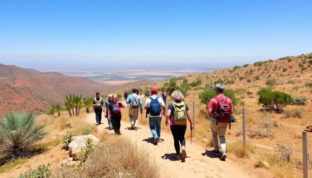 Hiking trail through Souss-Massa National Park with visitors exploring the landscape
