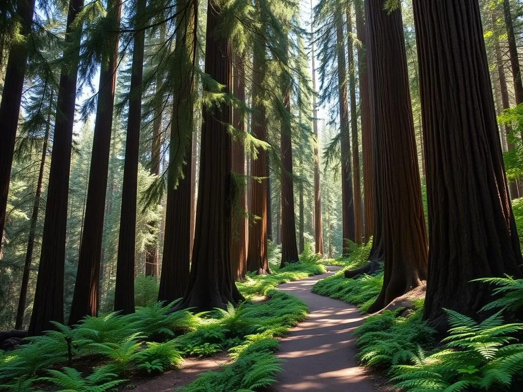 Hiking trail through ancient redwoods at Reynolds Wayside Campground