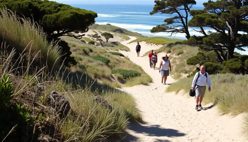 Hiking trail through coastal dunes at Manchester State Park with visitors exploring the landscape