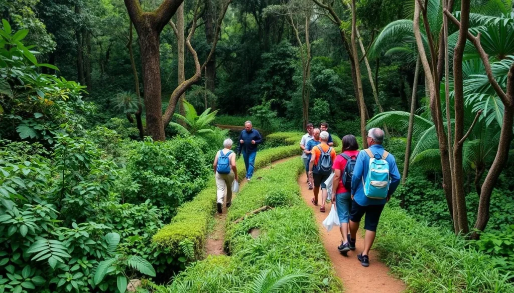 Hiking trail through dense rainforest in Midongy du Sud National Park with guide leading tourists