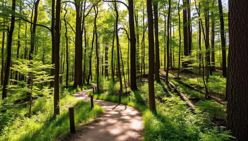 Hiking trail through forest at Pattison State Park Wisconsin with sunlight filtering through trees